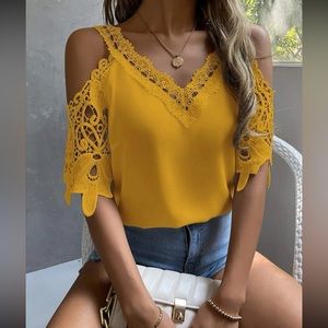 Boho yellow lace ace cold shoulder top